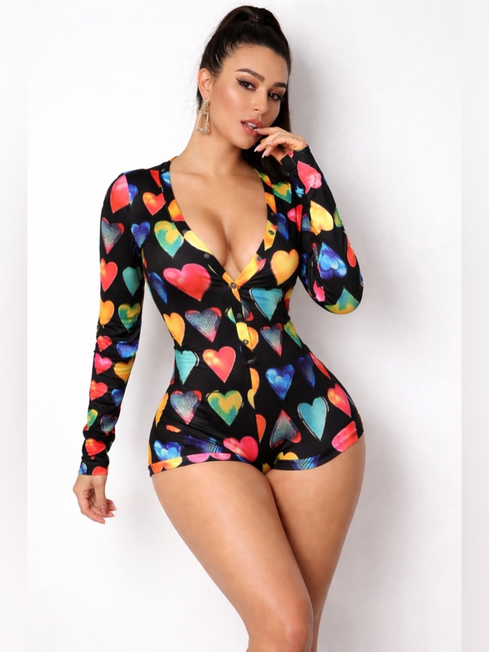 Colorful Heart Print Long Sleeve Romper | Sexy Lounge One Piece